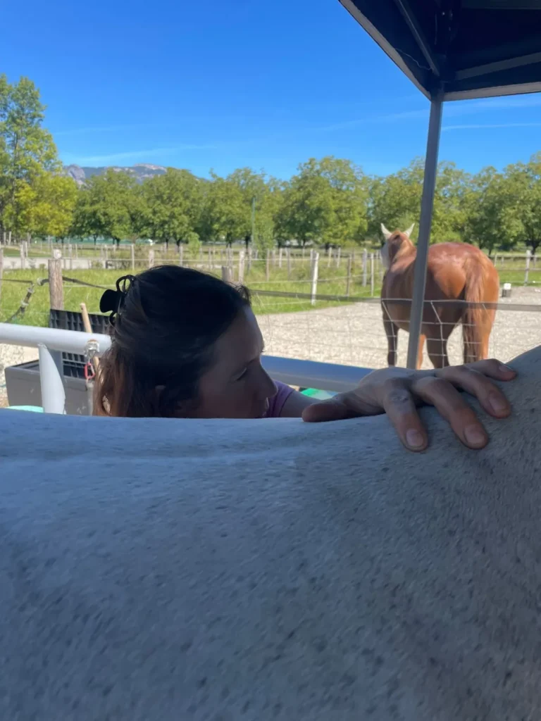 Palpation du dos d’un cheval Léa Weinhard palpe le dos d'un cheval, à l'écoute des tissus